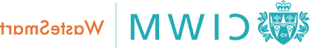 CIWM废物智慧型标志-左边有一个蓝绿色的徽章, with 'CIWM' lettering also in teal. “WasteSmart”字样在右边，用橙色表示